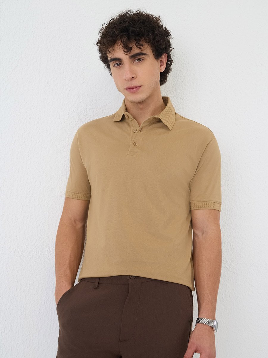 Men Beige Cotton Blend Pique Polo