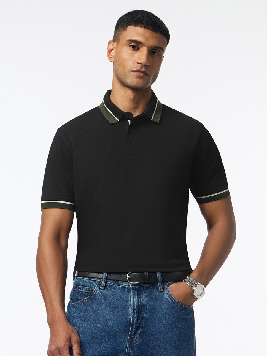 Black Contrast Tipping Cotton Pique Polo
