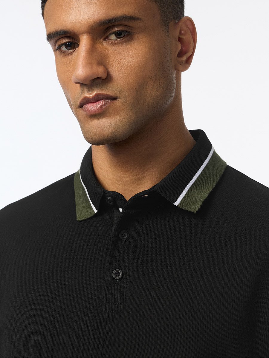 Black Contrast Tipping Cotton Pique Polo