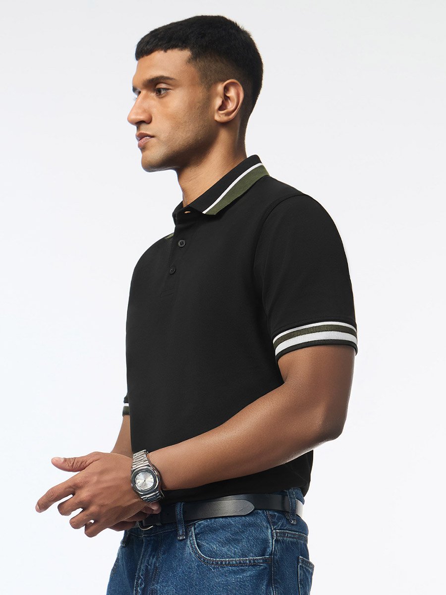Black Contrast Tipping Cotton Pique Polo