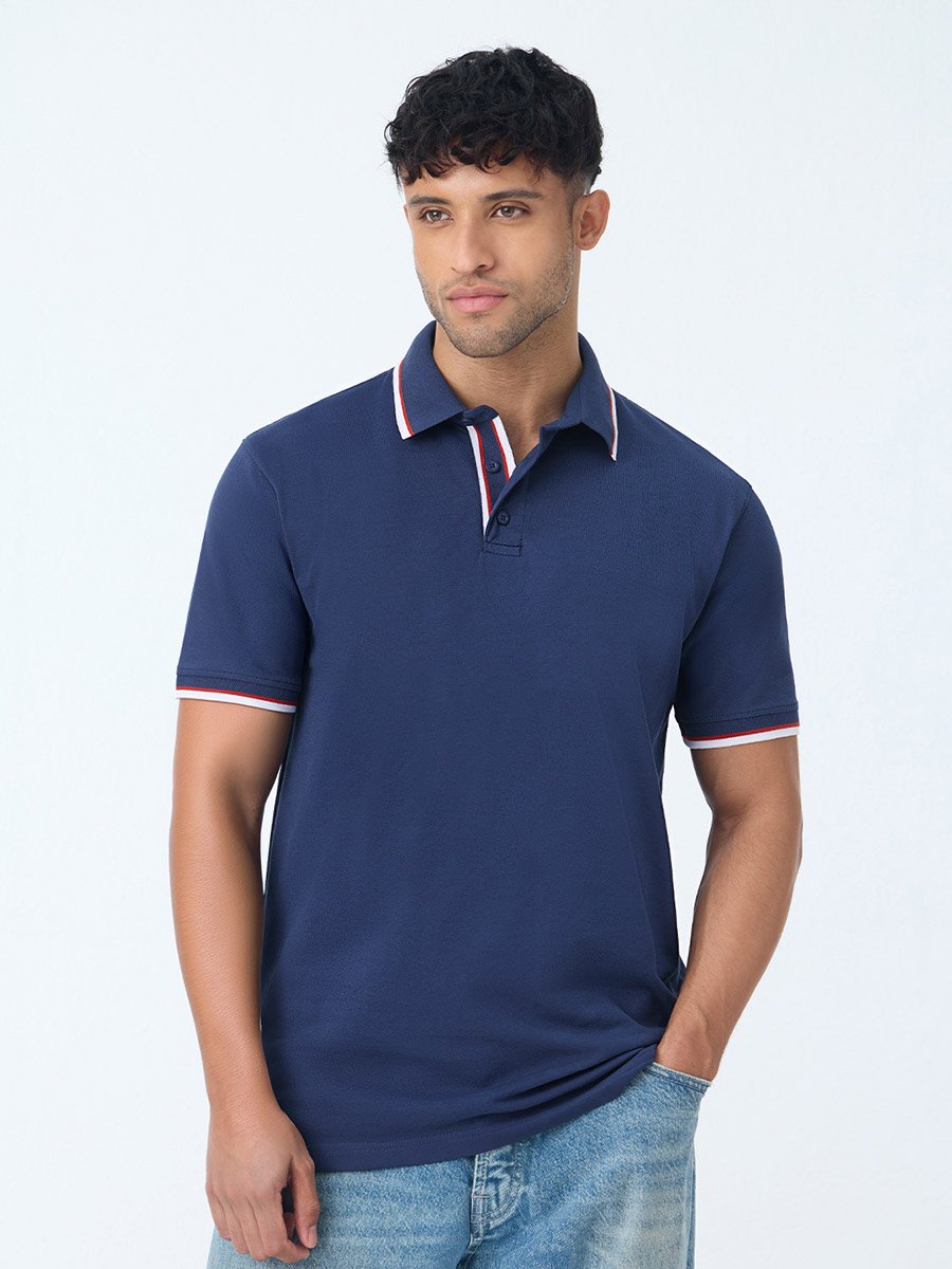 Navy Blue Cotton Polo with Checkered Trim
