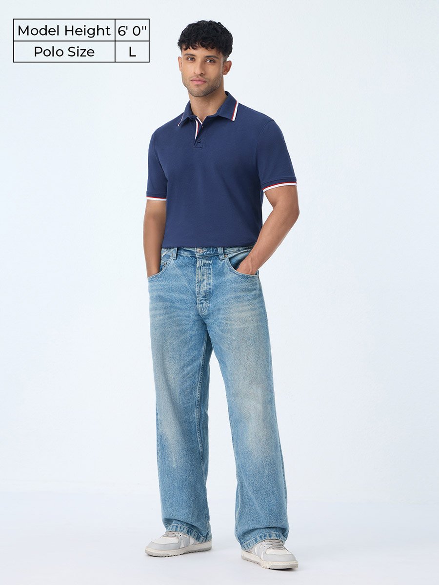 Navy Blue Cotton Polo with Checkered Trim