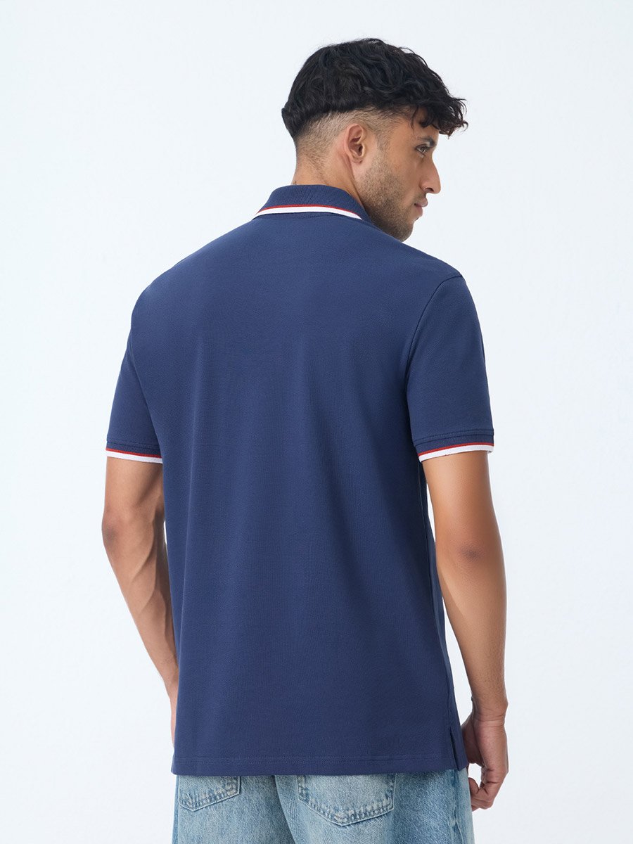 Navy Blue Cotton Polo with Checkered Trim