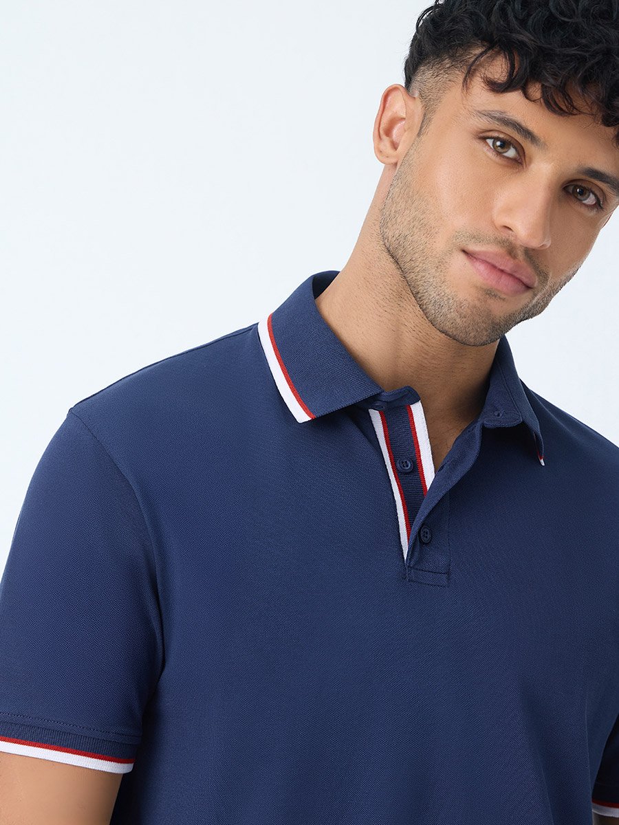Navy Blue Cotton Polo with Checkered Trim