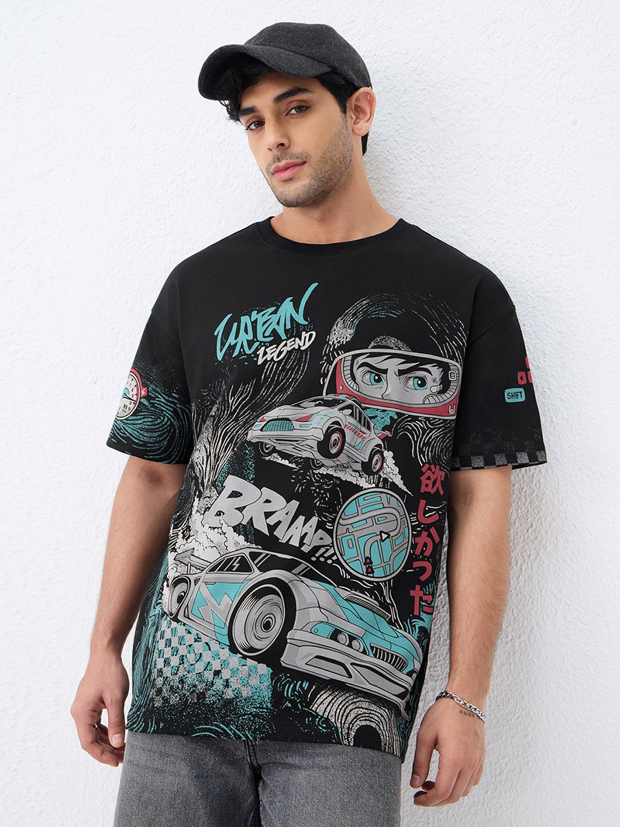 Men Black Graphic Print Oversized T-Shirt