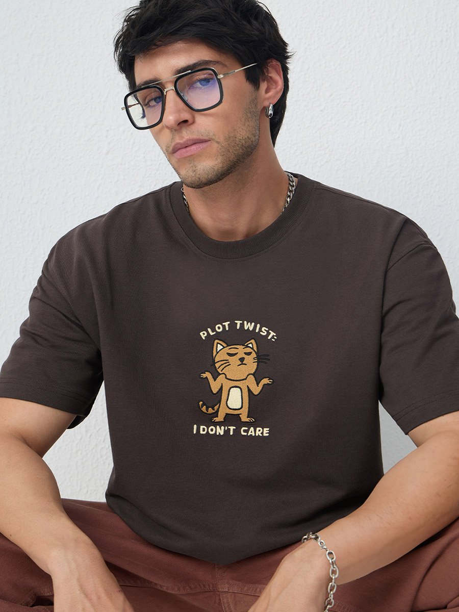 Brown Embroidered Cotton Oversized T-Shirt