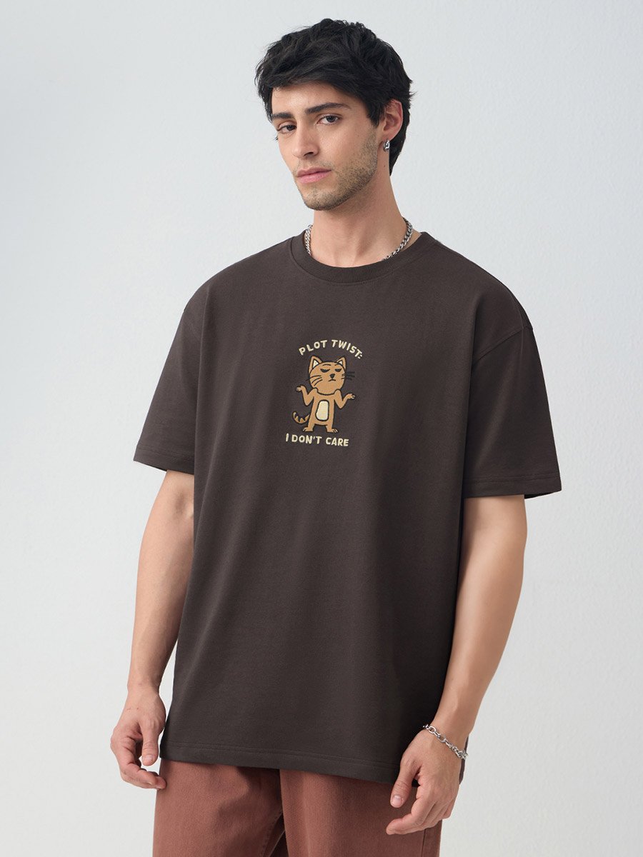 Brown Embroidered Cotton Oversized T-Shirt