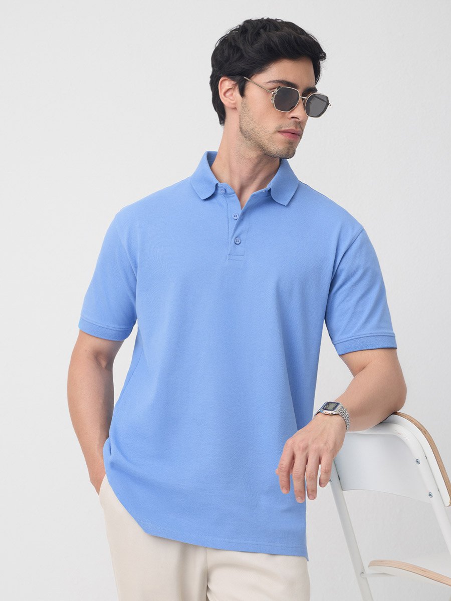 Blue Cotton Blend Short Sleeve Polo