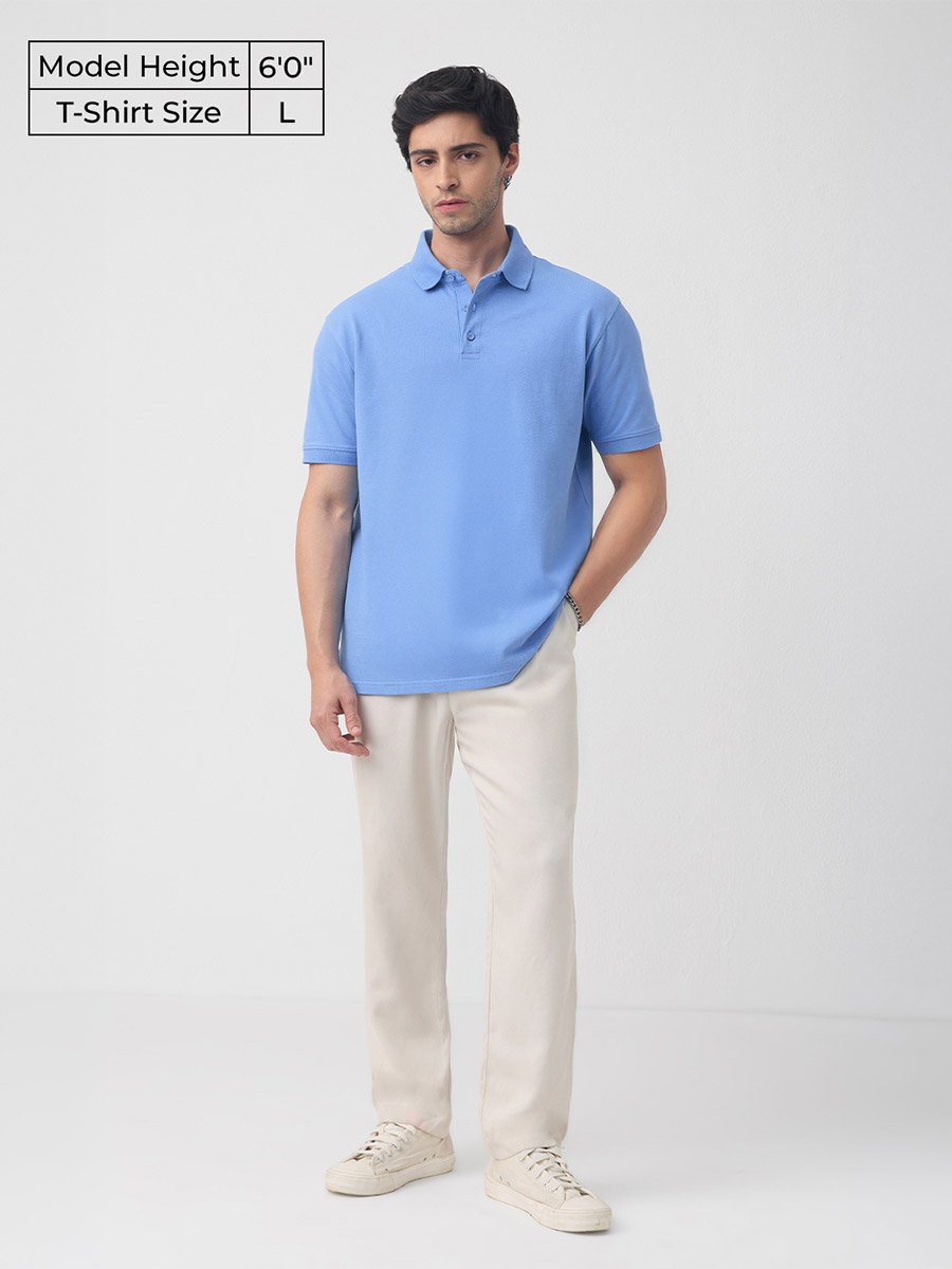 Blue Cotton Blend Short Sleeve Polo