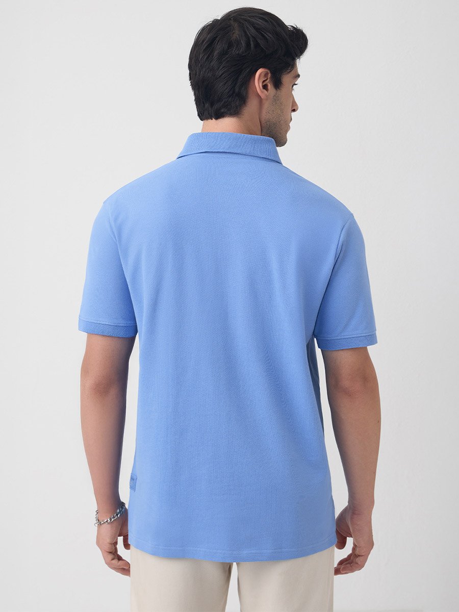 Blue Cotton Blend Short Sleeve Polo