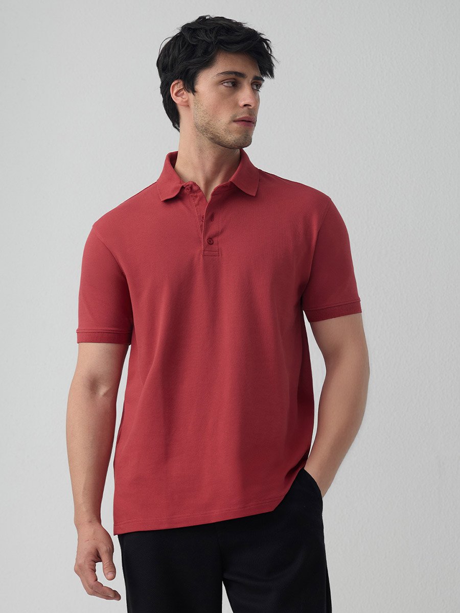 Red Cotton Blend Short Sleeve Polo