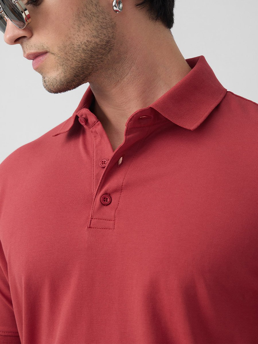 Red Cotton Blend Short Sleeve Polo