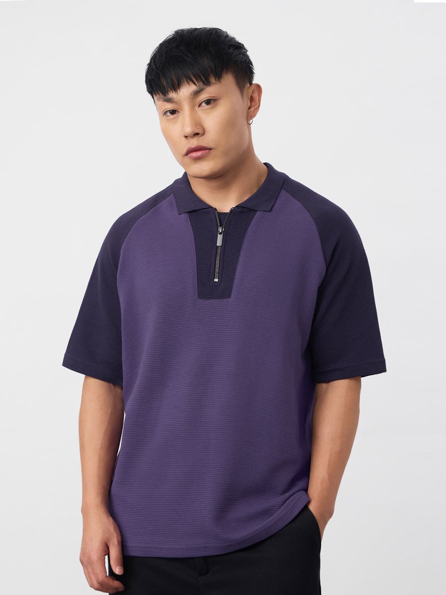 Purple Color Block Quarter-Zip Polo