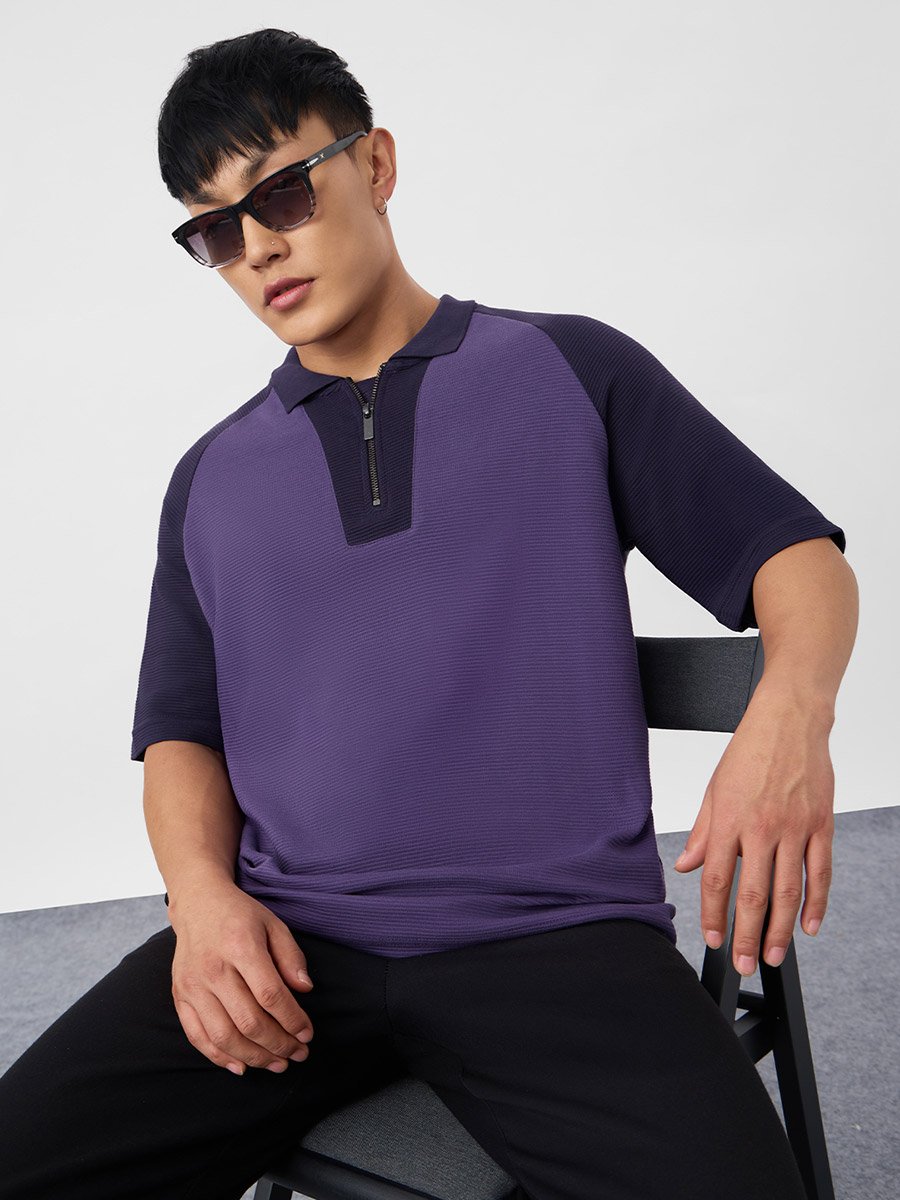 Purple Color Block Quarter-Zip Polo