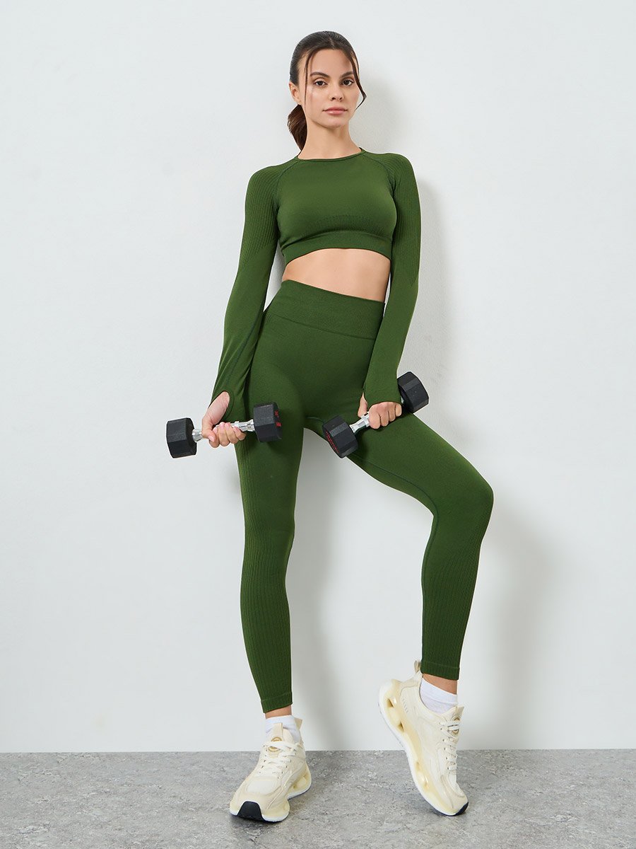 Green Tonal Jacquard Thumbhole Detail Crop Top and Scrunch Back Leggings Set