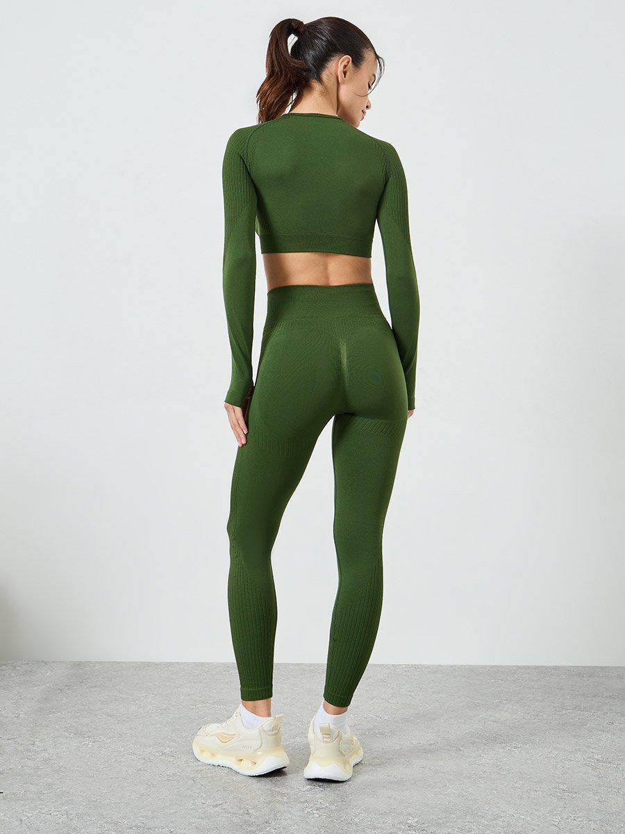 Green Tonal Jacquard Thumbhole Detail Crop Top and Scrunch Back Leggings Set