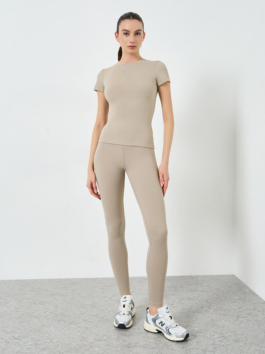 Beige Short Sleeve Fitted Top and Leggings Set