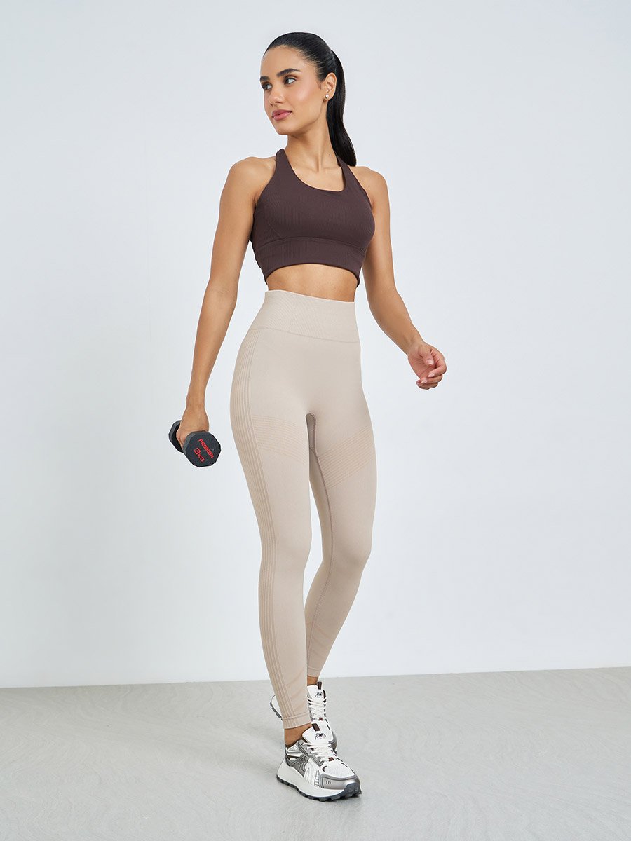 Beige Tonal Side Rib Panel Back Scrunch Leggings
