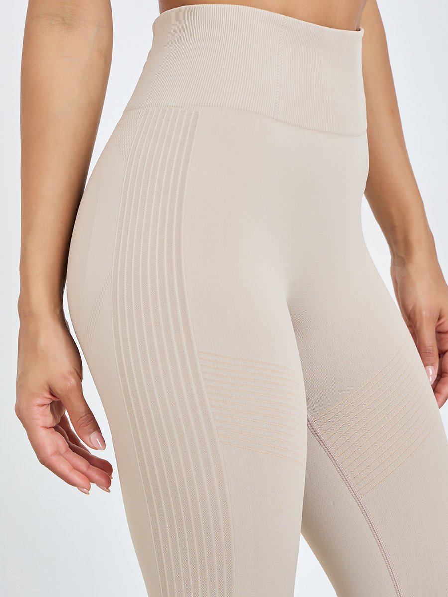 Beige Tonal Side Rib Panel Back Scrunch Leggings