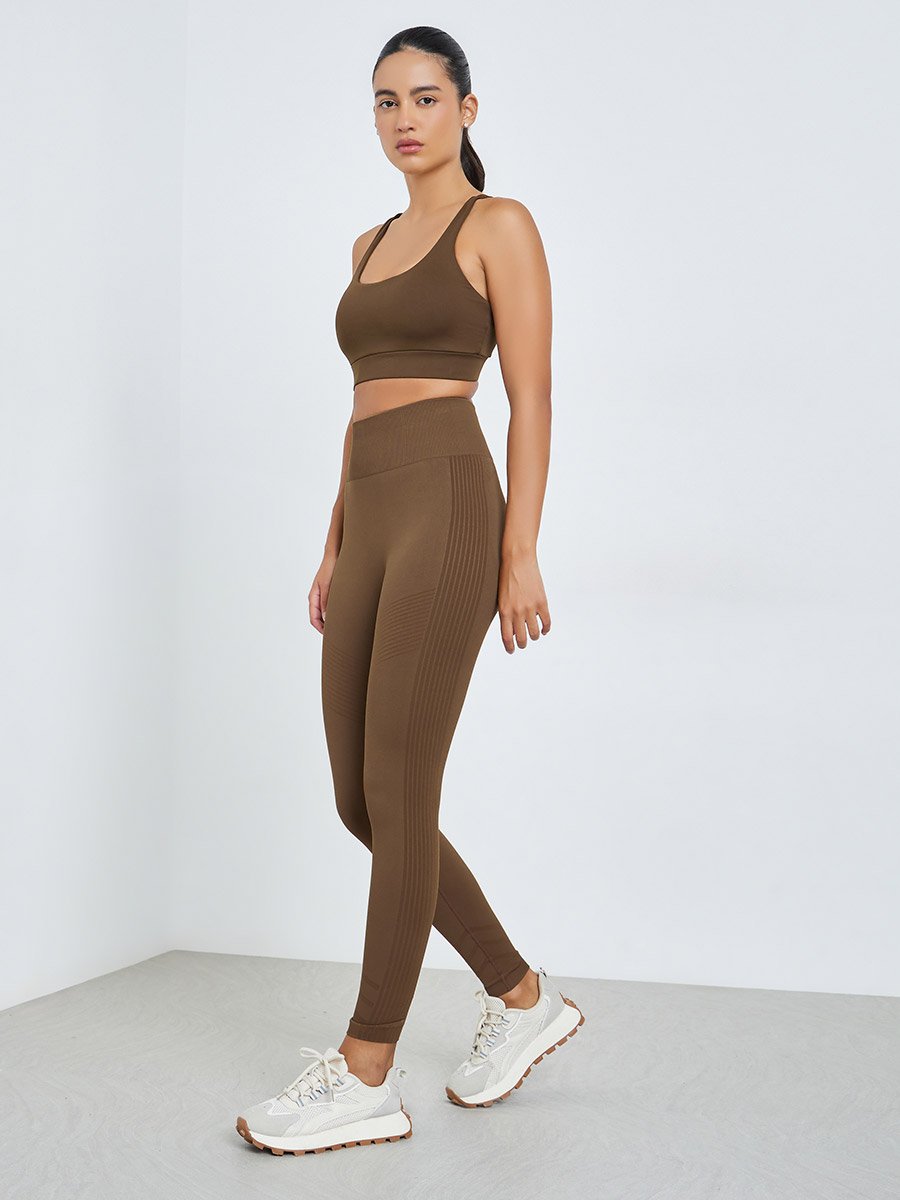 Brown Tonal Side Rib Panel Back Scrunch Leggings