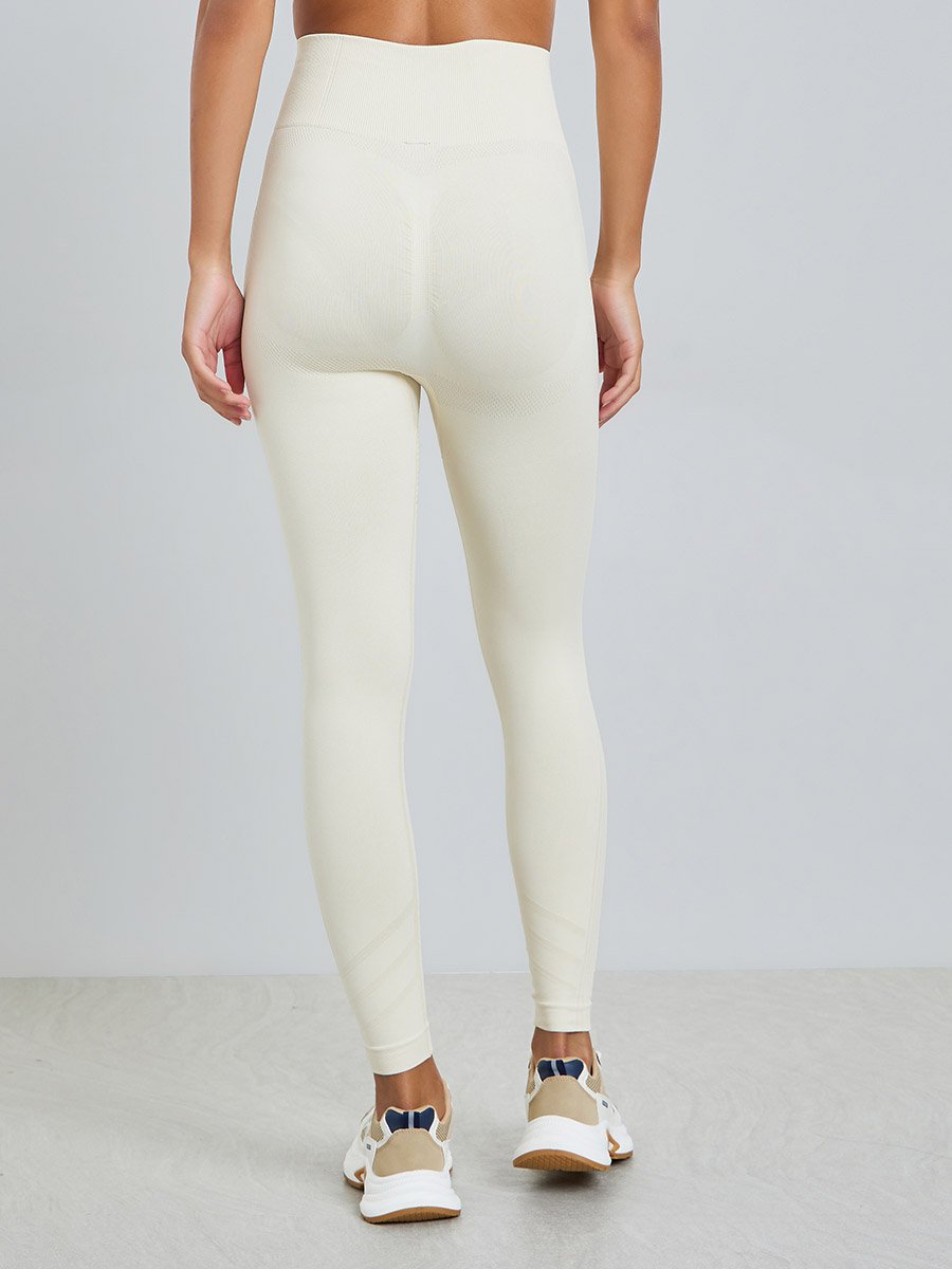 Cream Tonal Side Rib Panel Back Scrunch Leggings
