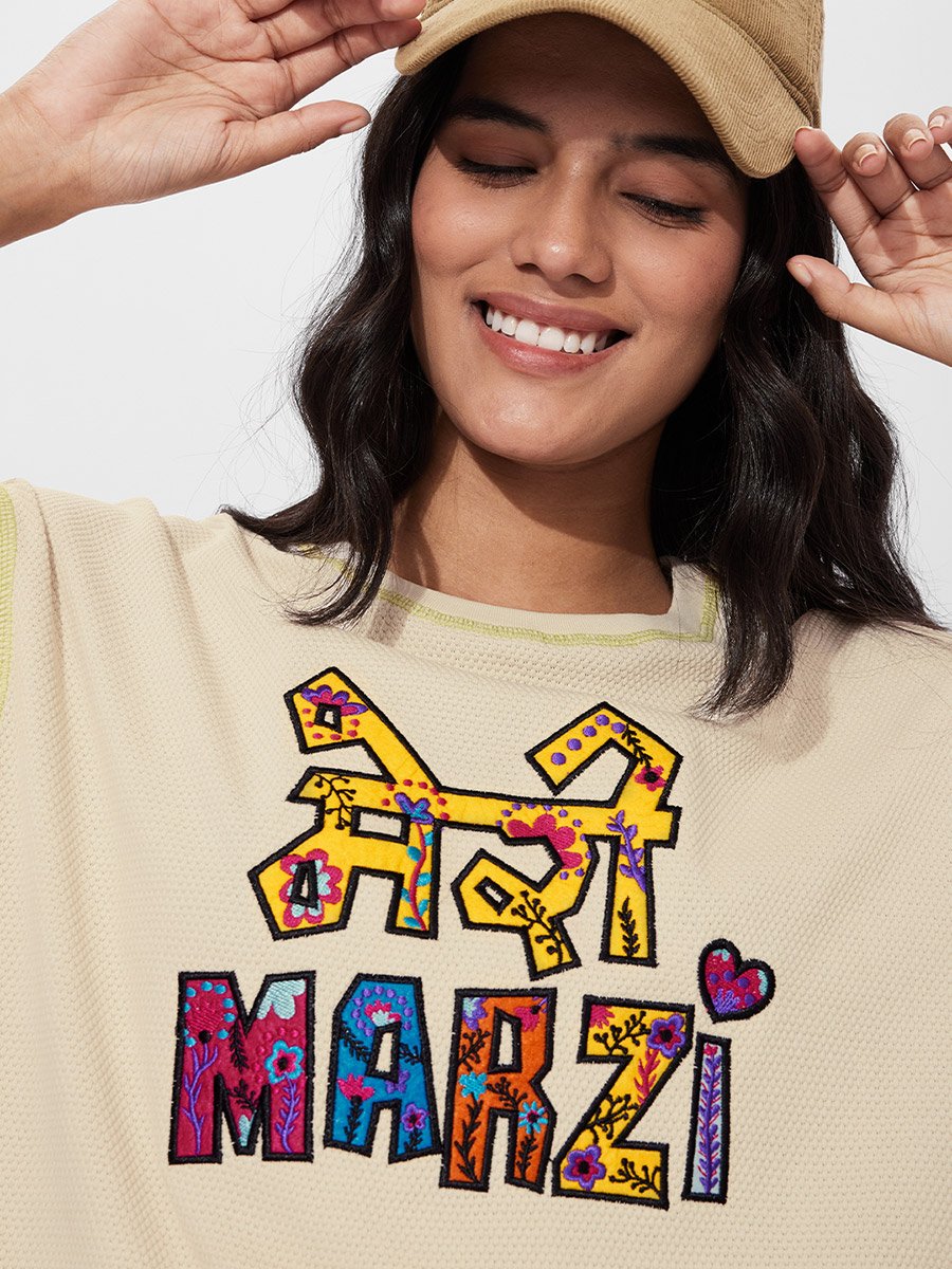 Beige Meri Marzi Embroidered Oversized T-Shirt