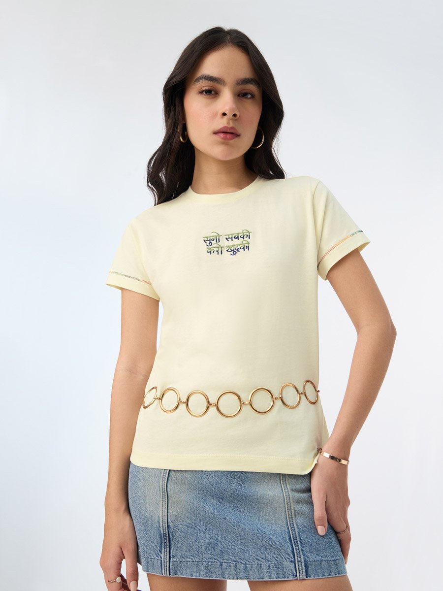 Cream Embroidered Cotton T-Shirt