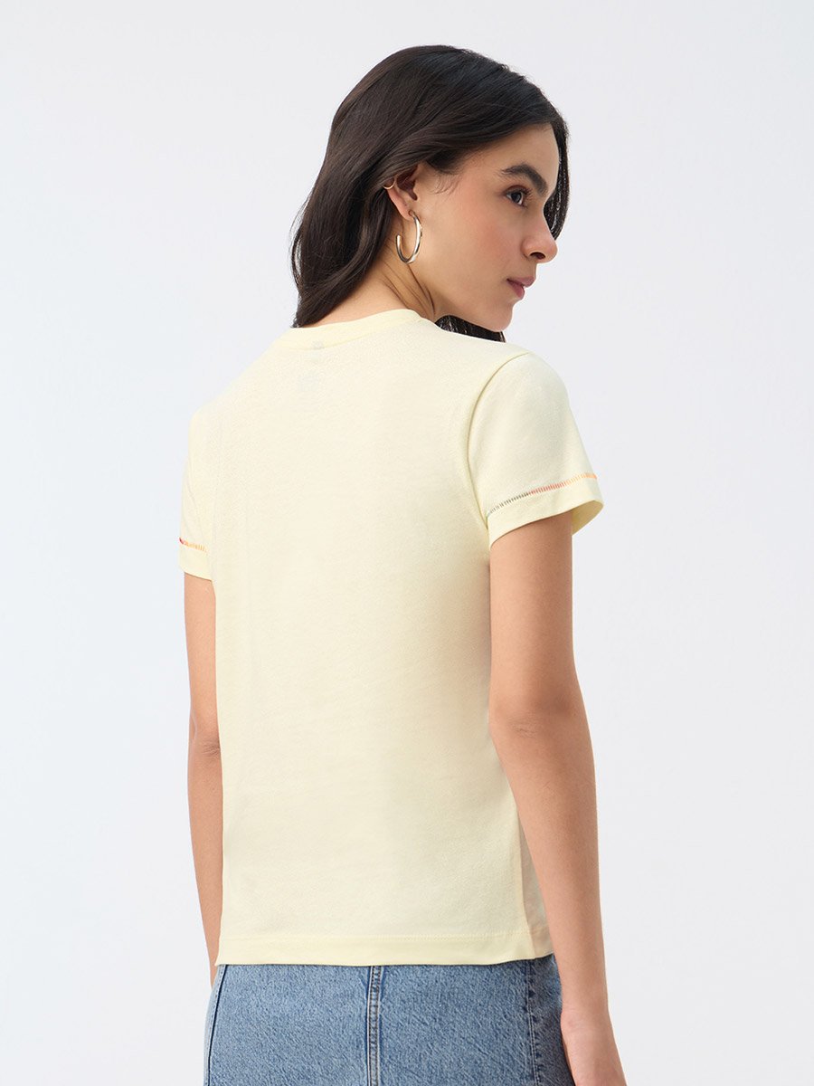 Cream Embroidered Cotton T-Shirt
