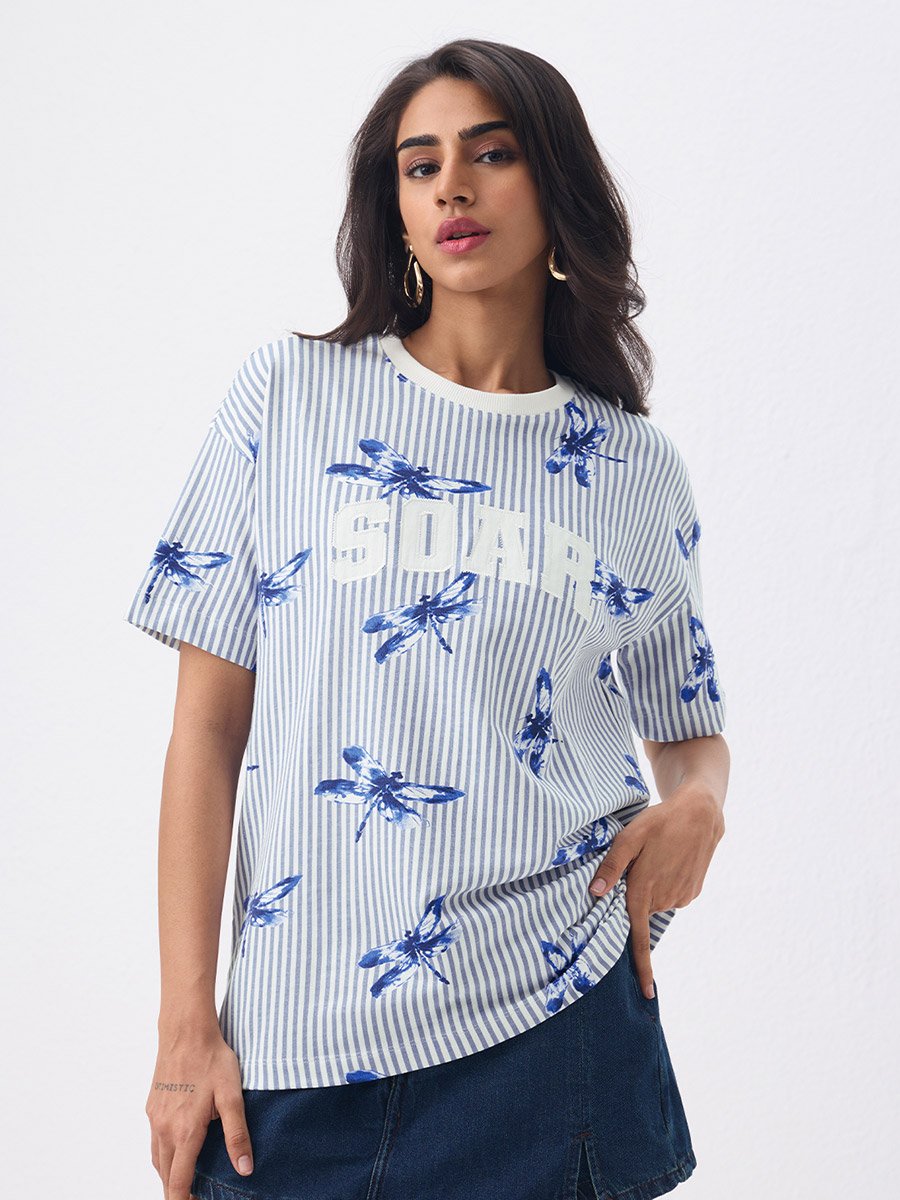 Blue Striped Oversized Cotton T-Shirt