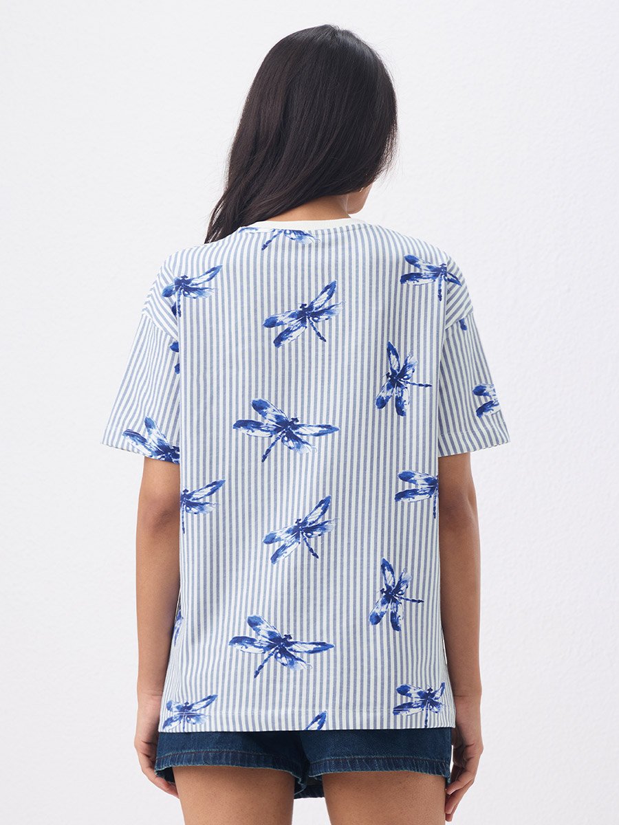 Blue Striped Oversized Cotton T-Shirt