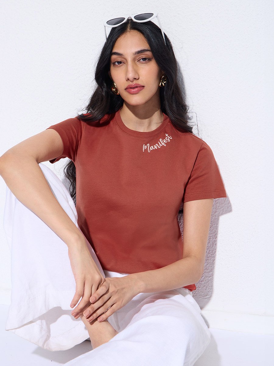 Rust Round Neck Cotton T-Shirt