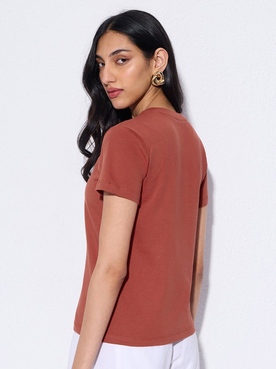 Rust Round Neck Cotton T-Shirt