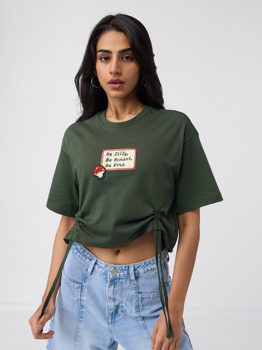 Olive Ruched Detail Cotton Crop T-Shirt