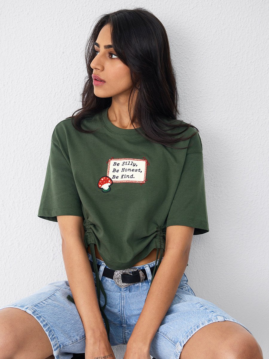 Olive Ruched Detail Cotton Crop T-Shirt