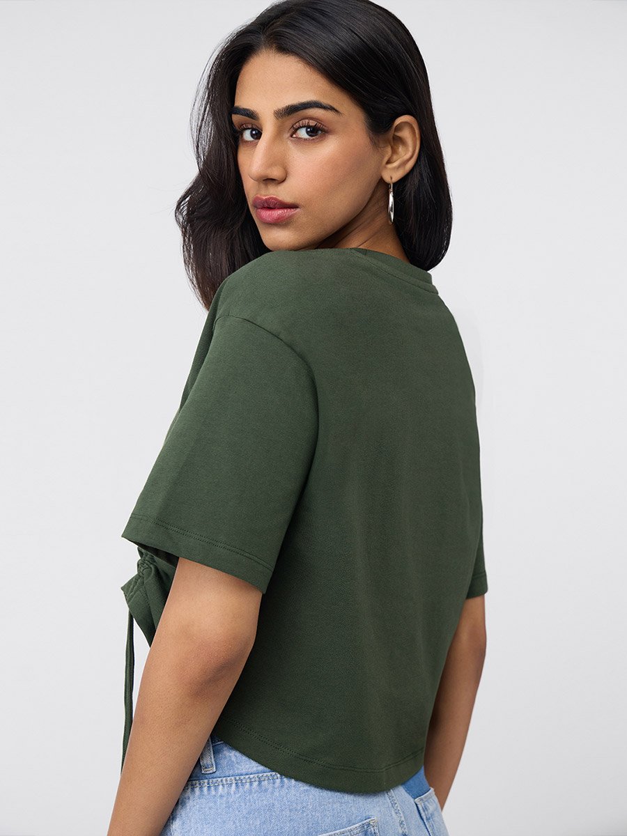 Olive Ruched Detail Cotton Crop T-Shirt
