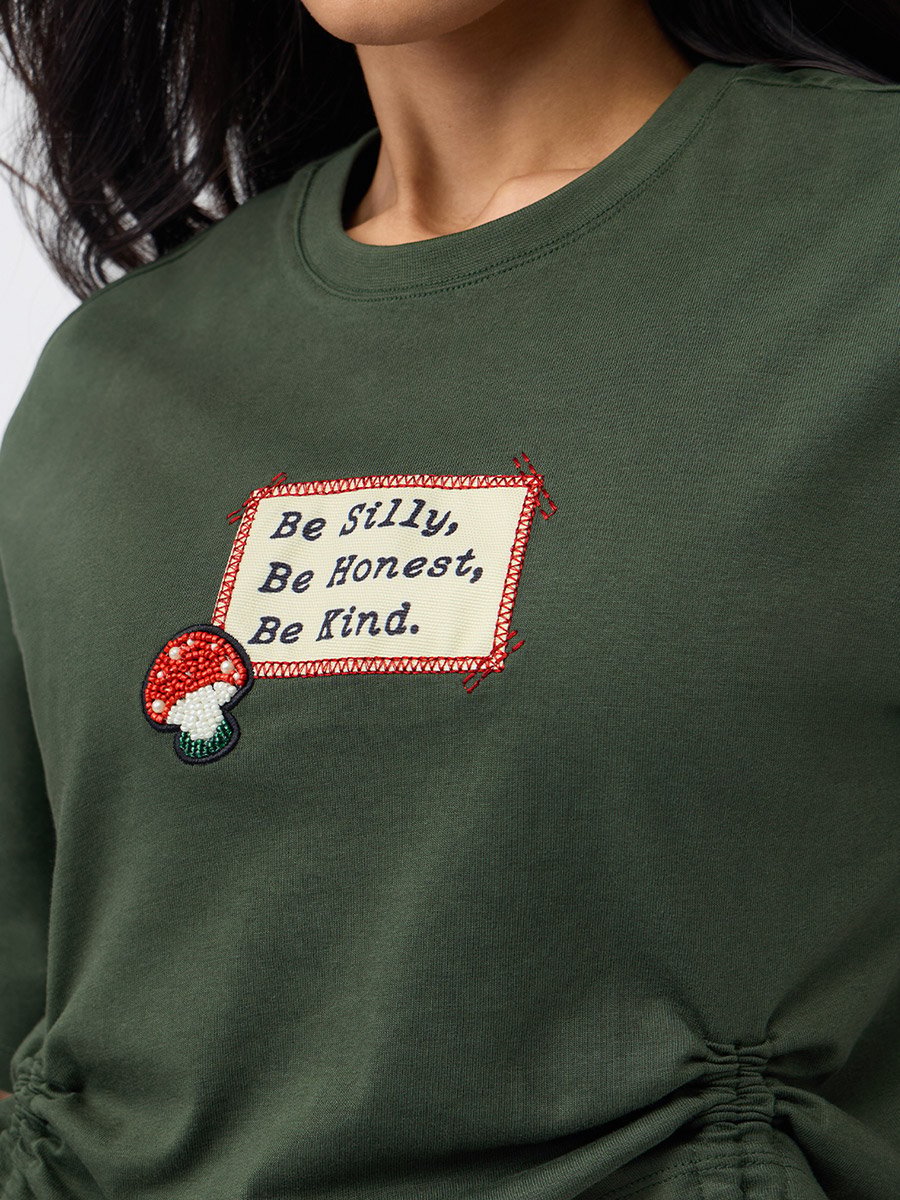 Olive Ruched Detail Cotton Crop T-Shirt