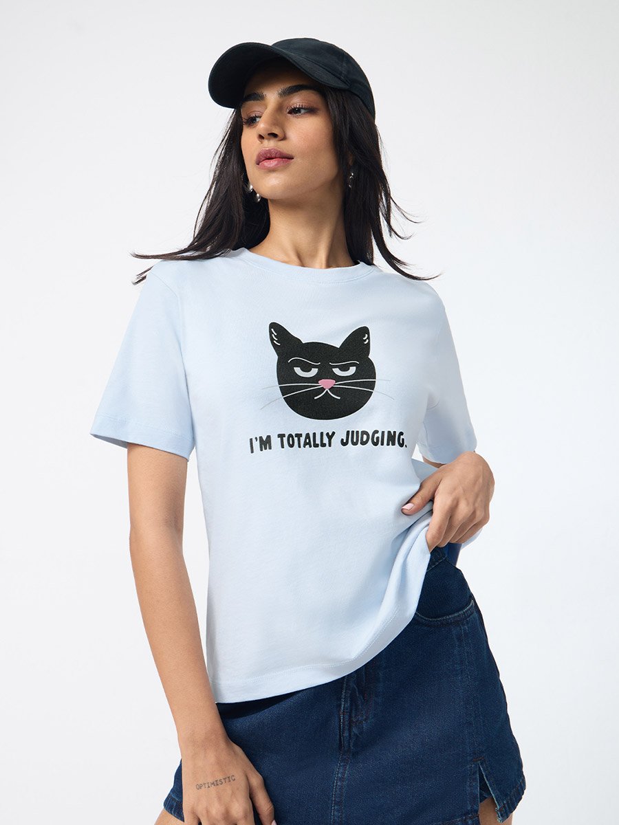 Light Blue Cat Print Regular Fit T-Shirt