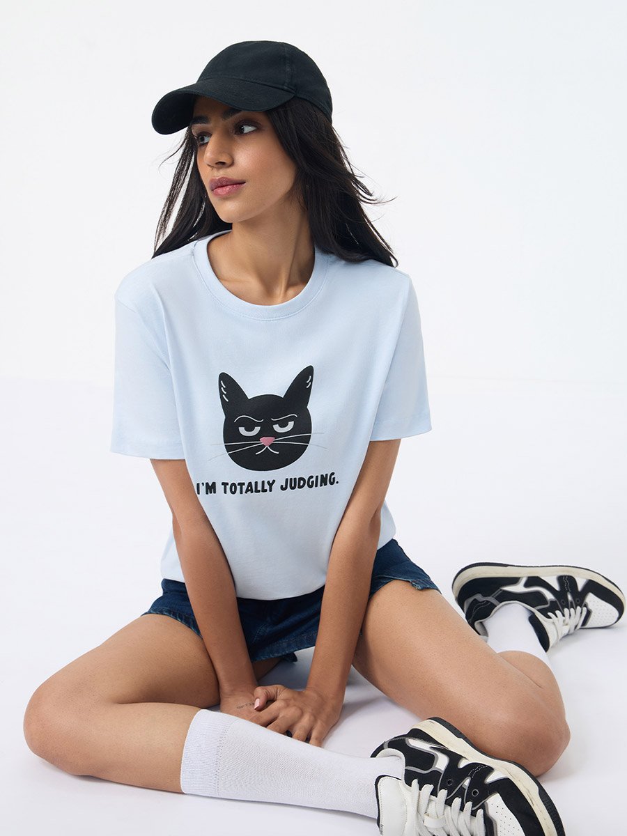 Light Blue Cat Print Regular Fit T-Shirt