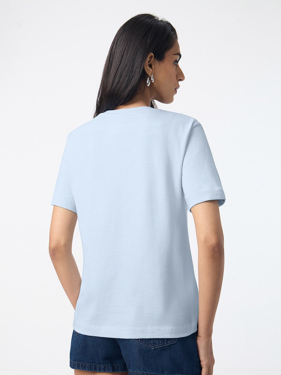 Light Blue Cat Print Regular Fit T-Shirt