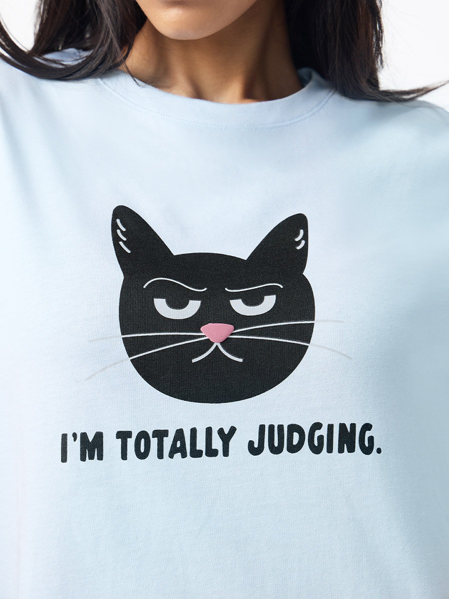 Light Blue Cat Print Regular Fit T-Shirt