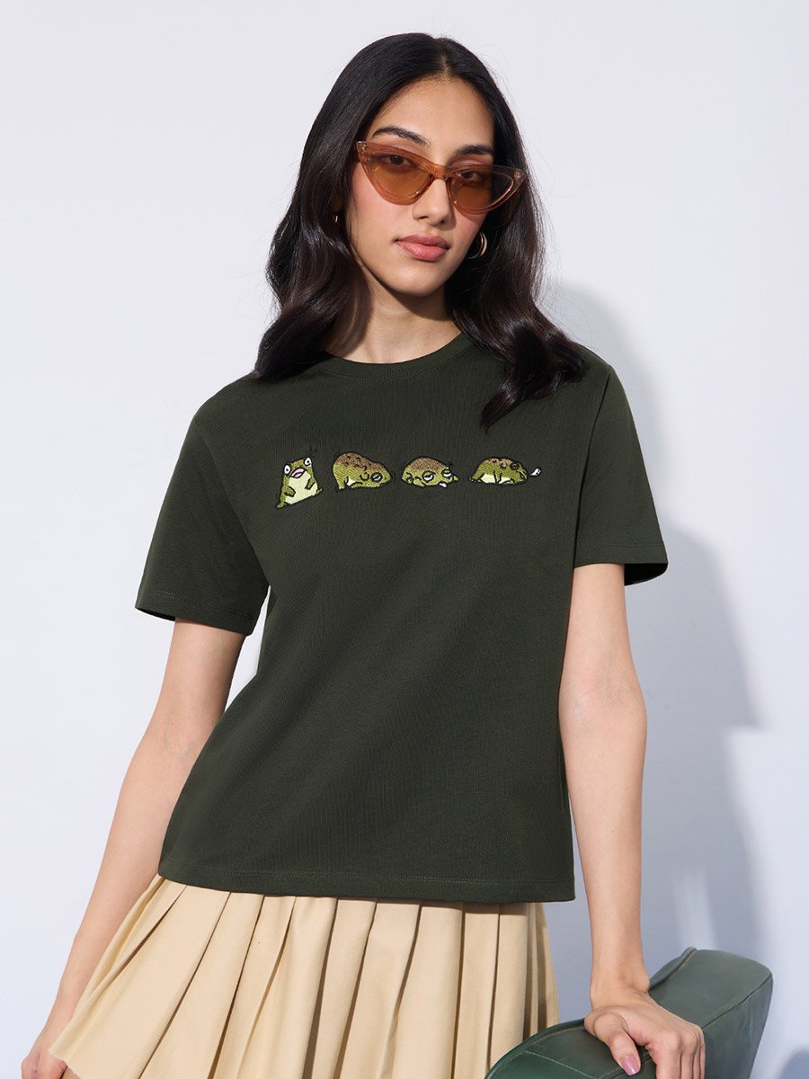 Olive Cotton Embroidered Boxy T-Shirt