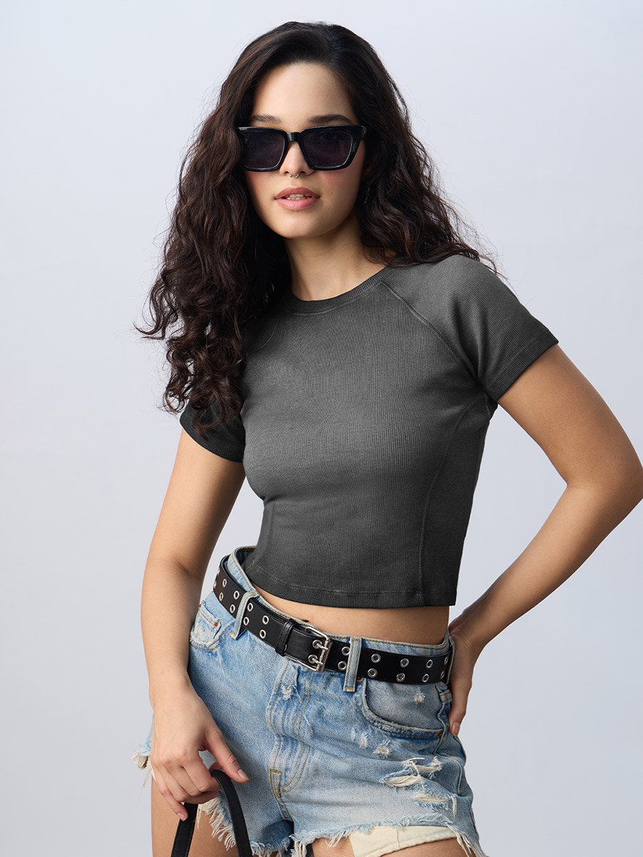 Grey Ribbed Acid Wash Crop T-Shirt