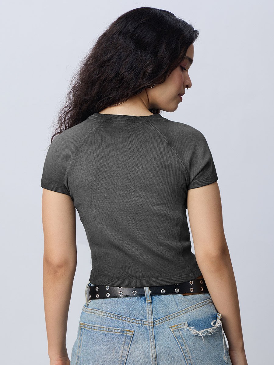 Grey Ribbed Acid Wash Crop T-Shirt