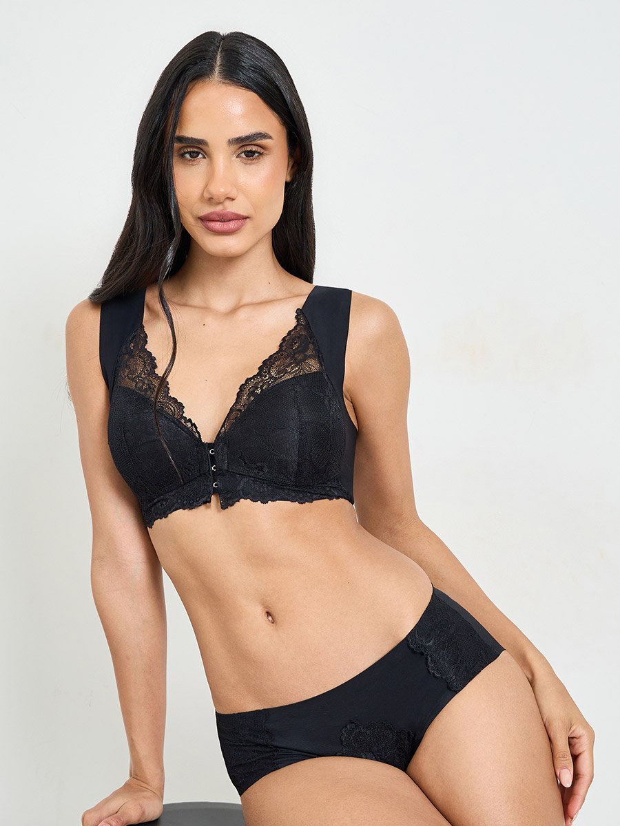 Black Lace Insert Padded Non Wired Bra and Midi Brief Set
