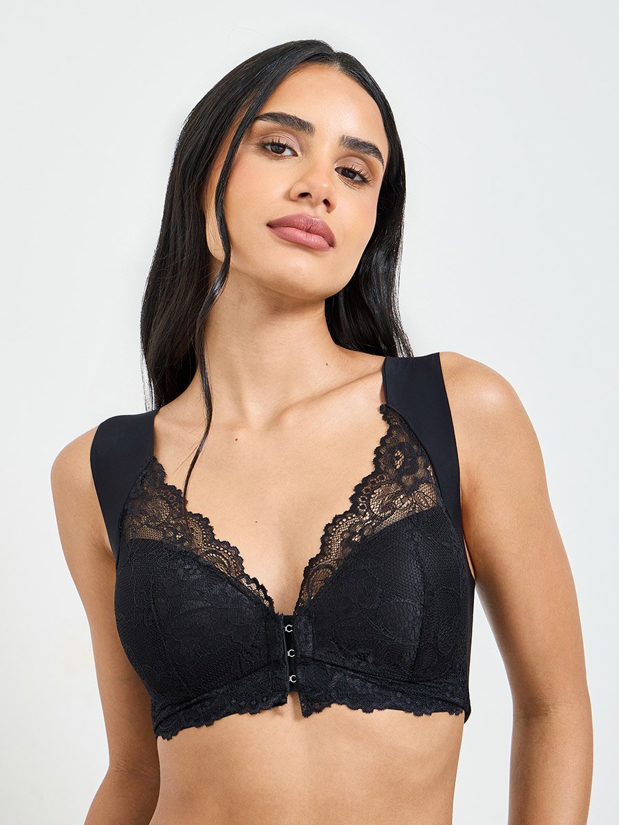 Black Lace Insert Padded Non Wired Bra and Midi Brief Set