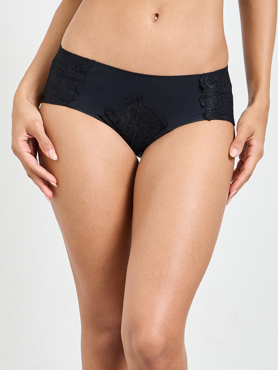 Black Lace Insert Padded Non Wired Bra and Midi Brief Set