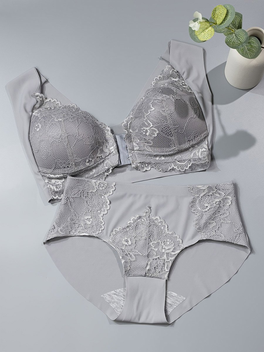 Grey Lace Insert Padded Non Wired Bra and Midi Brief Set