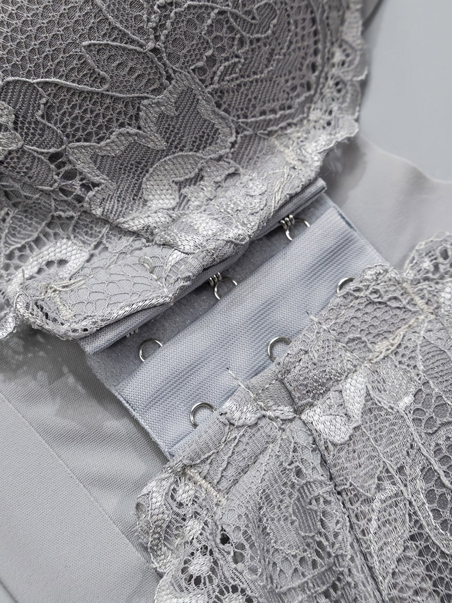 Grey Lace Insert Padded Non Wired Bra and Midi Brief Set