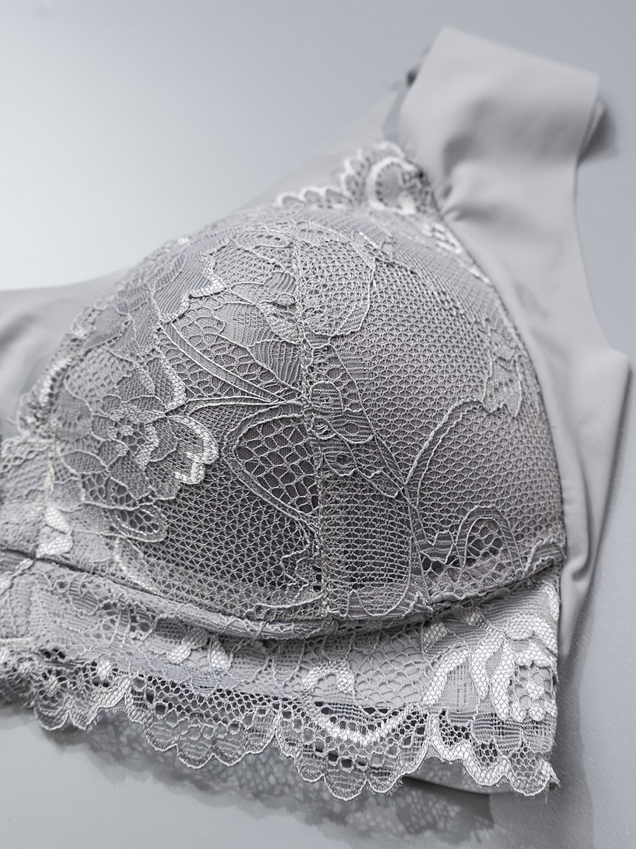 Grey Lace Insert Padded Non Wired Bra and Midi Brief Set