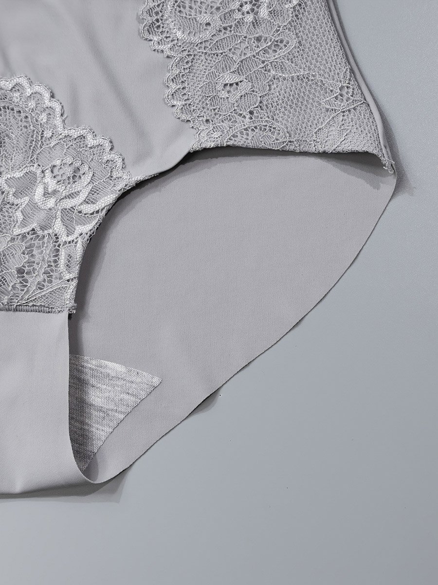 Grey Lace Insert Padded Non Wired Bra and Midi Brief Set